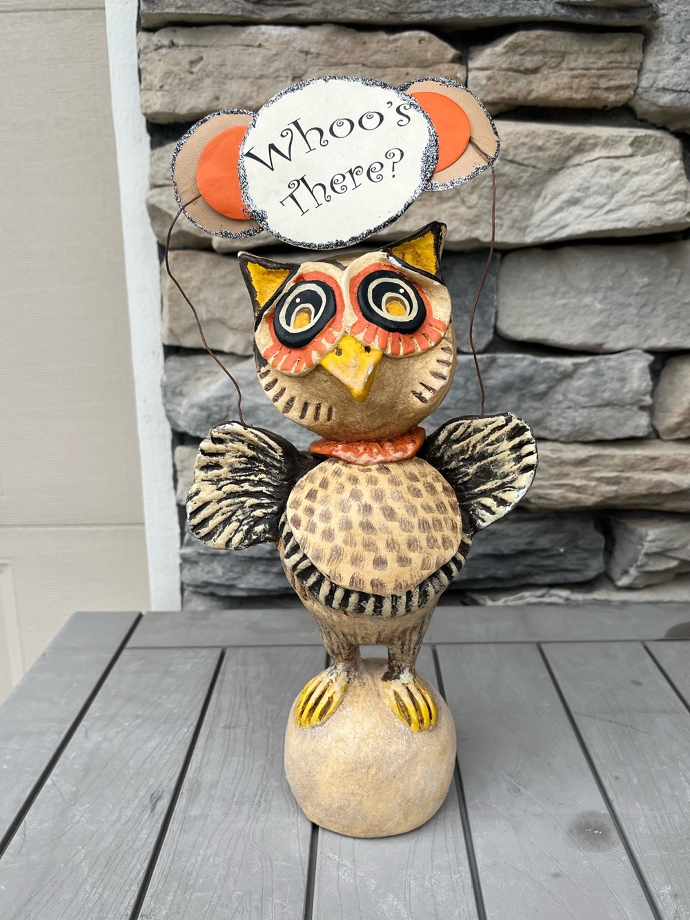 Rustic Halloween Owl with Glittery “Whoo’s There?” Sign 12in Fall Decor